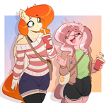 Size: 2484x2424 | Tagged: safe, artist:witchtaunter, oc, oc:amity starfall, pegasus, pony, unicorn, anthro, clothes, commission, cup, drink, drinking, duo, eyes closed, female, glasses, gradient background, horn, off shoulder, off shoulder sweater, shirt, shorts, socks, straw, striped shirt, striped sweater, sweater, thigh highs