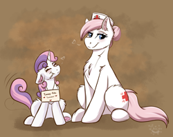 Size: 3821x3034 | Tagged: safe, artist:decemberbreeze, nurse redheart, sweetie belle, earth pony, pony, unicorn, g4, blushing, candy, chest fluff, cute, diasweetes, duo, ear fluff, eyes closed, female, filly, floating heart, floppy ears, foal, food, hair bun, hat, heart, horn, lollipop, mare, nurse hat, sign, smiling, tail, tail wag, underhoof