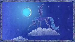 Size: 1920x1080 | Tagged: safe, screencap, princess luna, alicorn, pony, friendship is magic, g4, my little pony: friendship is magic, cloud, concave belly, crescent moon, female, heart, hooves, horn, long horn, mare, moon, night, night sky, on a cloud, s1 luna, sky, slender, solo, spread wings, standing on a cloud, stars, storybook, stylized, thin, thin legs, wings