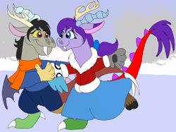 Size: 2732x2048 | Tagged: safe, artist:adeanthepurpledragon, discord, oc, oc:adean the draconequus, draconequus, christmas, clothes, couple, discord x draconequus oc, dress, holiday, ice skating, scarf, winter, winter outfit