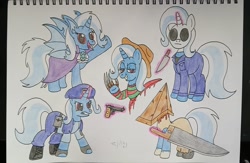 Size: 1764x1148 | Tagged: safe, artist:anonymous, trixie, bat pony, pony, unicorn, g4, /bale/, bat ponified, bat pony trixie, beginner artist, beret, clothes, costume, fangs, female, freddy krueger, glowing, glowing horn, gun, halloween (movie), handgun, hat, horn, knife, levitation, looking at you, magic, mare, michael myers, nightmare night costume, police officer, police pony, pyramid head, race swap, raised hoof, resident evil, silent hill, standing, telekinesis, traditional art, trixiebat