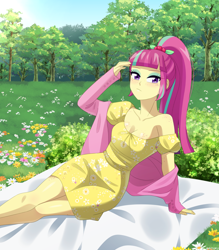 Size: 1050x1200 | Tagged: safe, artist:riouku, sour sweet, human, equestria girls, g4, arm freckles, bangs, beautiful, blanket, blushing, boob freckles, breasts, bush, chest freckles, clothes, coat, cute, dress, eyeshadow, female, flower, freckles, leg freckles, looking at you, makeup, outdoors, pose, shoulder freckles, sidebangs, solo, sourbetes, sundress, tree