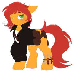 Size: 1800x1763 | Tagged: artist needed, safe, oc, oc only, oc:ignis quark, bag, blacksmith, clothes, coat, one eye closed, saddle bag, tools, wink