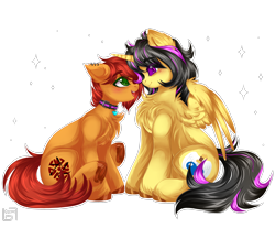 Size: 3434x2850 | Tagged: safe, artist:bizarre_pony, oc, oc:ignis quark, oc:nitro blitzen, earth pony, pegasus, adoration, collar, cute, ear piercing, earring, jewelry, nose to nose, piercing