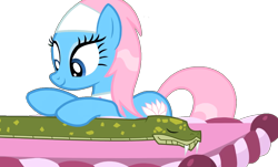 Size: 1074x647 | Tagged: artist needed, safe, lotus blossom, earth pony, pony, snake, g4, blue eyes, cyan skin, female, massage, pink mane, png, relaxed, simple background, transparent background