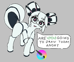 Size: 406x343 | Tagged: safe, artist:anonymous, earth pony, pony, robot, robot pony, (you), crossed hooves, drawthread, female, gray background, kiki the cyber squirrel, krita, looking at you, mare, mascot, ponified, simple background, solo, speech bubble, talking to viewer, wingding eyes