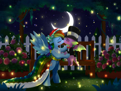 Size: 2400x1800 | Tagged: safe, artist:darksly, rainbow dash, spike, dragon, firefly (insect), insect, pegasus, pony, g4, bench, duo, duo male and female, female, fence, flower, kissing, male, moon, night, outdoors, ship:rainbowspike, shipping, stars, straight