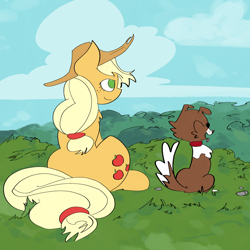 Size: 3604x3600 | Tagged: safe, artist:anonymous, applejack, winona, dog, earth pony, pony, g4, applejack's hat, colored, cowboy hat, drawthread, duo, female, freckles, hat, mare, on grass, outdoors, ponified animal photo, ponified horse photo, requested art, sitting, sitting on grass, smiling