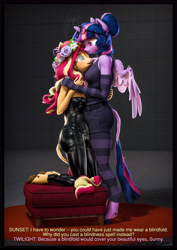 Size: 4000x5656 | Tagged: safe, artist:imafutureguitarhero, sci-twi, sunset shimmer, twilight sparkle, alicorn, classical unicorn, unicorn, anthro, unguligrade anthro, series:twilight's sexual deviancy, g4, 3d, absurd resolution, arm fluff, arm freckles, blind, blindness, breast fluff, cheek fluff, chest fluff, chromatic aberration, clothes, cloven hooves, collar, colored eyebrows, colored eyelashes, colored wings, dialogue, dork, duo, ear fluff, ear freckles, evening gloves, female, film grain, fingerless elbow gloves, fingerless gloves, floral head wreath, flower, flower in hair, fluffy, fluffy hair, fluffy mane, fluffy tail, freckles, fur, glasses, glasses off, glasses on head, glazed eyes, gloves, hand on shoulder, hoof fluff, horn, kneeling, latex, latex corset, latex pants, leonine tail, lesbian, long gloves, long hair, long mane, mare, multicolored hair, multicolored mane, multicolored tail, neck fluff, ottoman, pants, peppered bacon, revamped anthros, revamped ponies, ship:sci-twishimmer, ship:sunsetsparkle, shipping, shorts, shoulder fluff, shoulder freckles, signature, socks, source filmmaker, stage.bsp, striped gloves, striped socks, striped stockings, subtitles, tail, tail fluff, tank top, text, twilight sparkle (alicorn), two toned wings, unshorn fetlocks, vertical, wall of tags, wing fluff, wing freckles, wings