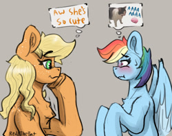 Size: 1455x1155 | Tagged: safe, artist:reddthebat, applejack, rainbow dash, cat, earth pony, pegasus, pony, g4, aaaaaaaaaa, blushing, brain, bust, chest fluff, duo, duo female, ear fluff, ear freckles, female, freckles, gray background, hoof on chin, lesbian, looking at each other, looking at someone, loose hair, mare, organs, ship:appledash, shipping, shoulder freckles, signature, simple background, sweat, sweatdrop, thought bubble