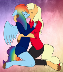 Size: 3500x4000 | Tagged: source needed, safe, artist:mysteriousmuffin, applejack, rainbow dash, earth pony, pegasus, anthro, g4, duo, eyes closed, female, females only, kiss on the lips, kissing, lesbian, ship:appledash, shipping