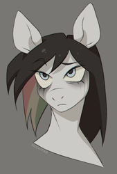 Size: 1050x1550 | Tagged: safe, artist:sociofag, oc, oc only, oc:rainbow despair, pony, bust, chromatic aberration, female, makeup, multicolored mane, portrait, running makeup, solo