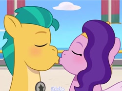 Size: 1024x768 | Tagged: safe, artist:naye_livelife, hitch trailblazer, pipp petals, earth pony, pegasus, pony, g5, my little pony: tell your tale, blushing, duo, duo male and female, eyes closed, female, kiss on the lips, kissing, male, mare, maretime bay, ocean, outdoors, railing, ship:pitch, shipping, stallion, straight, water