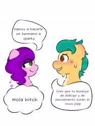 Size: 1536x2048 | Tagged: safe, artist:naye_livelife, hitch trailblazer, pipp petals, earth pony, pegasus, pony, g5, blushing, bust, dialogue, duo, duo male and female, female, implied sparky sparkeroni, looking at each other, looking at someone, male, mare, meta humor, nervous sweat, ship:pitch, shipping, simple background, spanish, speech bubble, stallion, straight, thought bubble, white background