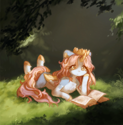 Size: 2519x2559 | Tagged: safe, artist:deadchrltte, oc, oc only, alicorn, pony, book, chest fluff, clearing, crown, female, forest, grass, high res, human shoulders, jewelry, lying down, mare, nature, prone, reading, regalia, solo, tree