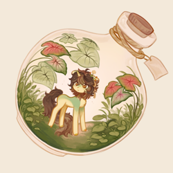 Size: 3150x3150 | Tagged: safe, artist:deadchrltte, oc, oc only, pony, unicorn, flower, flower in hair, grass, high res, horn, pony in a bottle, simple background, solo, terrarium