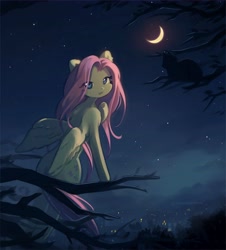 Size: 5670x6282 | Tagged: safe, artist:deadchrltte, fluttershy, cat, pegasus, pony, absurd resolution, city lights, female, in a tree, looking at you, looking back, looking back at you, mare, moon, night, scenery, sitting, solo, tree