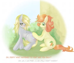 Size: 1280x1094 | Tagged: safe, artist:v-invidia, carrot top, derpy hooves, golden harvest, earth pony, pegasus, pony, g4, blushing, duo, female, females only, lesbian, ship:derpytop, shipping