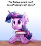 Size: 2250x2500 | Tagged: safe, artist:candy meow, twilight sparkle, alicorn, pony, boobs? wanna touch boobs?, book, bookhorse, caption, cheek fluff, chest fluff, concerned, ear fluff, female, frog (hoof), gradient background, image macro, mare, meme, offering, ponified, ponified meme, solo, table, text, that pony sure does love books, underhoof