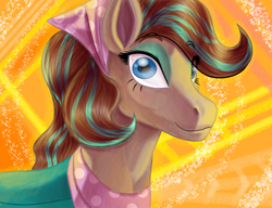 Size: 1300x1000 | Tagged: safe, artist:banco, horse, blue eyes, brown coat, brown mane, cocoa (wild manes), female, looking at you, makeup, saddle, simple background, smiling, smiling at you, solo, solo female, tack, wild manes, yellow background