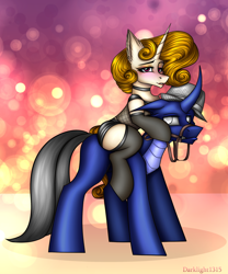 Size: 2360x2830 | Tagged: safe, artist:darklight1315, oc, oc only, oc:alexia, oc:carnax, changedling, changeling, pony, unicorn, birthday gift, blushing, bridle, changeling oc, choker, clothes, couple, female, fishnet clothing, hat, horn, horny, leather, leather skirt, makeup, male, mare, reins, riding, skirt, stallion, stockings, tack, thigh highs