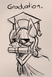 Size: 674x989 | Tagged: safe, oc, oc only, pony, diploma, graduation cap, hat, male, monochrome, solo, stallion, vent art