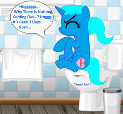 Size: 2320x2152 | Tagged: safe, artist:memeartboi, pony, unicorn, g4, bathroom, but why, constipated, eyes closed, female, grunt, grunting, horn, imminent flush, implied farting, implied pooping, indoors, mare, mother, nicole watterson, onomatopoeia, ponified, pushing, sitting, sitting on toilet, solo, sound effects, speech bubble, struggle, struggling, text, the amazing world of gumball, toilet, toilet humor, towel, trash can, unicorn horn