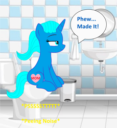 Size: 2296x2512 | Tagged: safe, artist:memeartboi, pony, unicorn, g4, bathroom, but why, female, heart, heart cutiemark, horn, imminent flush, implied peeing, implied pissing, implied urination, implied urine, indoors, mare, mother, nicole watterson, onomatopoeia, ponified, relaxed, relief, relieved, sink, sitting, sitting on toilet, solo, sound effects, speech bubble, text, the amazing world of gumball, toilet, toilet humor, towel, trash can, unicorn horn