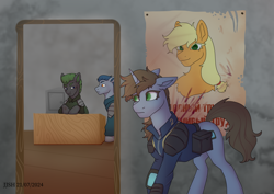 Size: 3508x2480 | Tagged: safe, artist:jjsh, applejack, oc, oc:littlepip, earth pony, pony, unicorn, fallout equestria, g4, blood, clothes, female, high res, horn, male, mare, pipbuck, poster, stallion, tail, talking