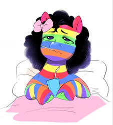 Size: 1198x1330 | Tagged: safe, artist:aztrial, oc, oc only, earth pony, pony, bed, bow, frown, hair bow, in bed, juice, juice box, lidded eyes, rainbow stripes, simple background, solo, unshorn fetlocks, white background