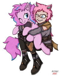 Size: 810x996 | Tagged: safe, artist:nismorose, oc, oc only, oc:materlia harvest, earth pony, human, cat ears, cheek fluff, clothes, ear fluff, female, freckles, glasses, gloves, highlights, hug, hug from behind, hugging a pony, knee pads, mare, pink body, pink hair, pink mane, scarf, signature, simple background, sweater, transparent background