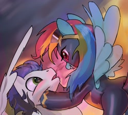 Size: 978x882 | Tagged: safe, artist:vondsketch, rainbow dash, soarin', g4, blushing, clothes, embrace, female, flying, goggles, imminent kissing, male, ship:soarindash, shipping, straight, uniform, wonderbolts, wonderbolts uniform