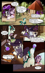 Size: 2520x4096 | Tagged: safe, artist:devi_shade, oc, oc only, oc:aposolene, oc:bloodmoon lullaby, oc:glacial scratch, bat pony, comic:powerful potion, bat pony oc, comic, crafting, drink, drinking, hat, hut, potion, witch, witch hat