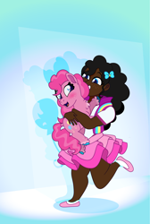 Size: 1412x2100 | Tagged: safe, artist:prixy05, earth pony, human, pony, g4, clothes, dark skin, duo, duo female, female, gradient background, hug, human ponidox, humanized, self paradox, self ponidox