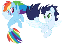 Size: 1280x890 | Tagged: safe, artist:soarindasher10, rainbow dash, soarin', pony, seapony (g4), female, looking at each other, looking at someone, male, mare, seaponified, seapony rainbow dash, ship:soarindash, shipping, simple background, smiling, smiling at each other, species swap, stallion, straight, transparent background