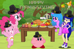 Size: 3000x2000 | Tagged: safe, artist:user15432, izzy moonbow, pinkie pie, bird, turkey, equestria girls, g4, g5, care bears, cheer bear, crossover, equestria girls-ified, female, food, hat, holiday, kirby, kirby (series), musa, pilgrim, table, thanksgiving, united states, winx club