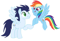 Size: 1280x890 | Tagged: safe, artist:soarindasher10, rainbow dash, soarin', pegasus, pony, female, flying, looking at each other, looking at someone, male, mare, ship:soarindash, shipping, simple background, smiling, smiling at each other, stallion, straight, transparent background