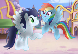 Size: 1280x890 | Tagged: safe, artist:soarindasher10, rainbow dash, soarin', pegasus, pony, female, flying, looking at each other, looking at someone, male, mare, ship:soarindash, shipping, smiling, smiling at each other, stallion, straight