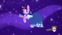 Size: 854x480 | Tagged: safe, twilight sparkle, unicorn, g4, my little pony: friendship is magic, the best night ever, clothes, dress, female, gala dress, hub logo, logo, solo, the hub, unicorn twilight