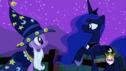 Size: 854x480 | Tagged: safe, princess luna, twilight sparkle, unicorn, g4, luna eclipsed, my little pony: friendship is magic, costume, hub logo, logo, night, nightmare night, star swirl the bearded costume, the hub, unicorn twilight