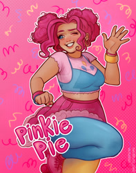 Size: 1280x1625 | Tagged: safe, artist:fulfisilly, pinkie pie, human, alternate hairstyle, bracelet, breasts, clothes, cute, deviantart watermark, diapinkes, ear piercing, earring, female, grin, humanized, jewelry, leggings, midriff, nail polish, obtrusive watermark, one eye closed, piercing, roller skates, shirt, skates, skirt, smiling, solo, watermark, wink, wristband