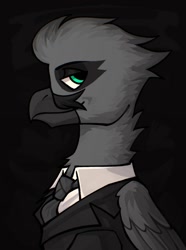 Size: 1040x1400 | Tagged: safe, artist:bunnyshrubby, oc, oc only, oc:karl legreif, griffon, equestria at war mod, beak, bust, clothes, facial hair, griffon oc, jacket, looking at you, male, moustache, necktie, portrait, smiling, solo, suit, updated portrait, updated portraits, updated portraits from the equestria at war mod, wings