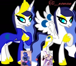 Size: 1280x1112 | Tagged: safe, artist:herobrine74, alicorn, angel, pony, g4, armor, clothes, concave belly, crossover, crown, dress, female, fusion, fusion:god (hazbin hotel), fusion:heavenlymoon, fusion:princess luna, god, god (hazbin hotel), hat, hazbin hotel, hellaverse, jewelry, male, mare, regalia, slender, smiling, solo, teeth, thin, top hat, uniform