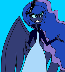 Size: 1280x1428 | Tagged: safe, artist:herobrine74, princess luna, alicorn, angel, seraph, g4, angelified, clothes, crossover, crown, dress, female, hazbin hotel, hellaverse, jacket, jewelry, multiple wings, regalia, solo, style emulation, wings