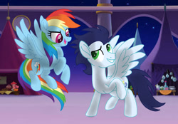 Size: 1280x890 | Tagged: safe, artist:soarindasher10, rainbow dash, soarin', pegasus, pony, duo, female, flying, looking at each other, looking at someone, male, mare, movie accurate, ship:soarindash, shipping, smiling, smiling at each other, stallion, straight