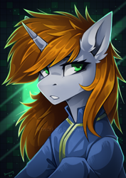 Size: 2480x3508 | Tagged: safe, artist:buvanybu, oc, oc only, oc:littlepip, pony, unicorn, fallout equestria, bust, clothes, female, horn, jumpsuit, mare, solo, unicorn oc, vault suit