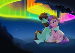 Size: 2048x1448 | Tagged: safe, artist:haruh_ink, pipp petals, oc, earth pony, pegasus, pony, g5, aurora borealis, canon x oc, commission, duo, duo male and female, female, hoof around neck, hug, male, mare, night, night sky, outdoors, shipping, sky, stallion, straight