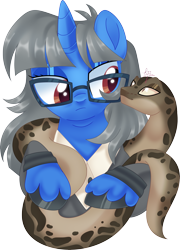 Size: 3207x4459 | Tagged: safe, artist:fizzlefer, oc, oc only, oc:mint petal, pony, python, snake, unicorn, clothes, glasses, horn, simple background, suit, transparent background, unshorn fetlocks