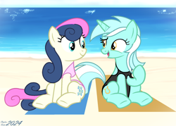 Size: 1778x1274 | Tagged: safe, artist:stephen-fisher, bon bon, lyra heartstrings, sweetie drops, earth pony, unicorn, beach, beach towel, clothes, duo, duo female, female, horn, lesbian, ocean, sand, ship:lyrabon, shipping, swimsuit, water