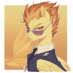 Size: 2480x2480 | Tagged: safe, artist:qi55413072, spitfire, pegasus, pony, g4, bowtie, bust, clothes, collared shirt, cutie mark background, female, glasses, gradient background, looking at you, mare, necktie, orange background, out of frame, outline, passepartout, pin, portrait, shirt, simple background, solo, spitfire's tie, uniform, whistle, white background, white outline, wonderbolts dress uniform